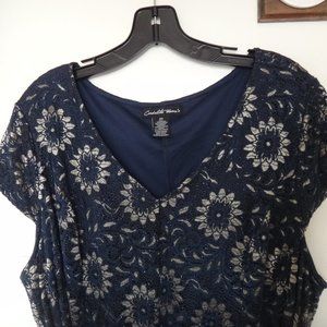 Women's  Lace Dress Navy Blue w/gold Shimmer Flowers size 2X NEW